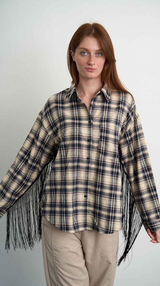 Via Roma - Camicia a quadri con frange - Blu - Beige - ART.26AI60001637