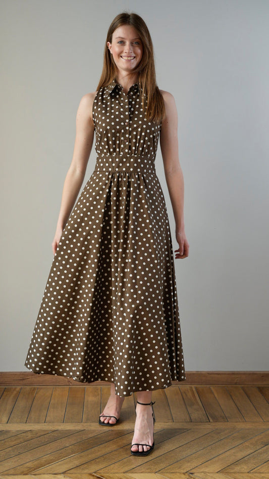 Tensione in - Abito lungo sfondo marrone e pois bianchi - ART.TEA10091AT