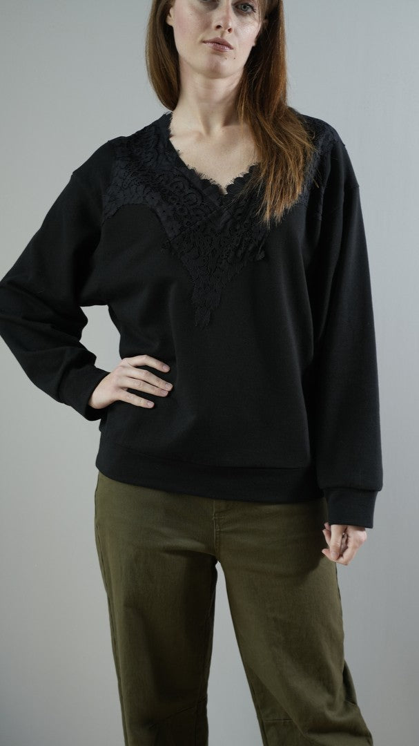 Tensione In - Felpa scollo a V con dettagli in pizzo - ART.37818