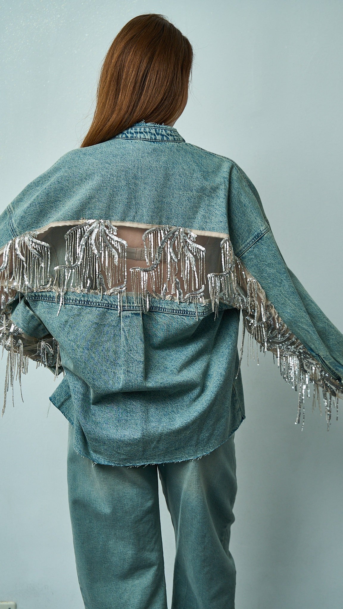 Tensione in - Giacca con frange di paillettes - ART.TEVTA0160PE26 Denim - Argento