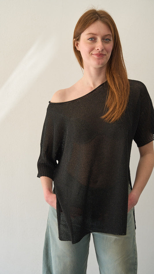 Kontatto - Blusa a barca punto riso ART.3M1557C Nero lurex