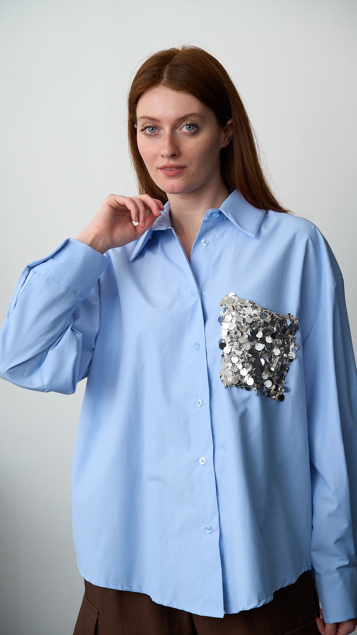 Tensione In - Camicia con tasca paillettes - ART.PE260048-U Celeste - Argento