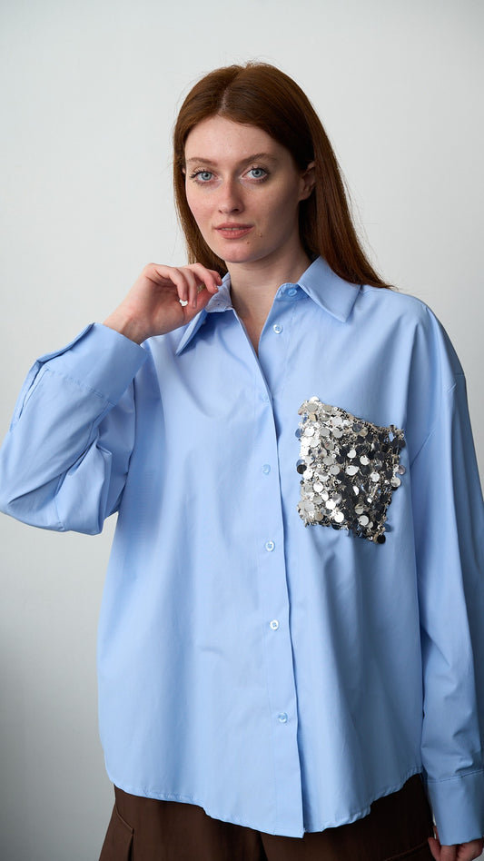 Tensione In - Camicia con tasca paillettes - ART.PE260048-U Celeste - Argento
