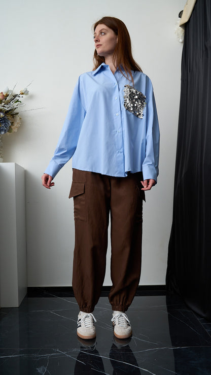 Tensione In - Camicia con tasca paillettes - ART.PE260048-U Celeste - Argento