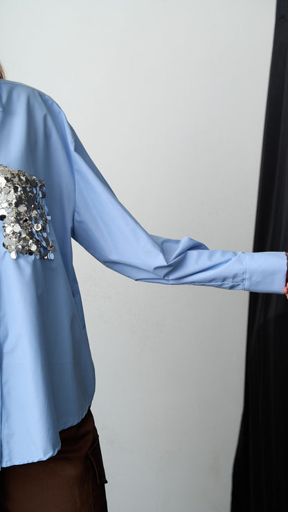 Tensione In - Camicia con tasca paillettes - ART.PE260048-U Celeste - Argento