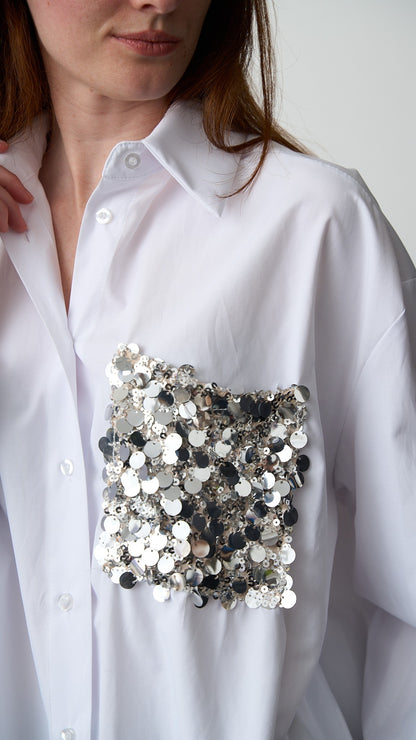 Tensione In - Camicia con tasca paillettes - ART.PE260048-U Bianco - Argento