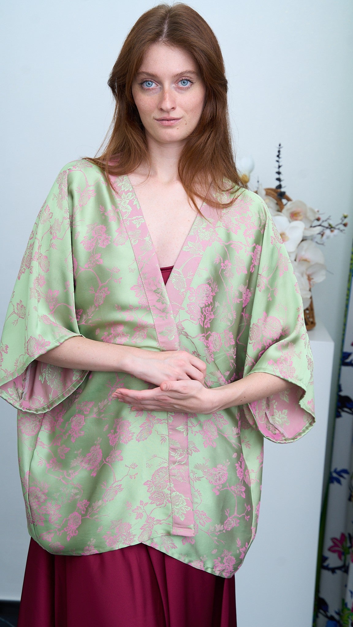 Via Roma - Kimono ampio fantasia - Verde - Rosa