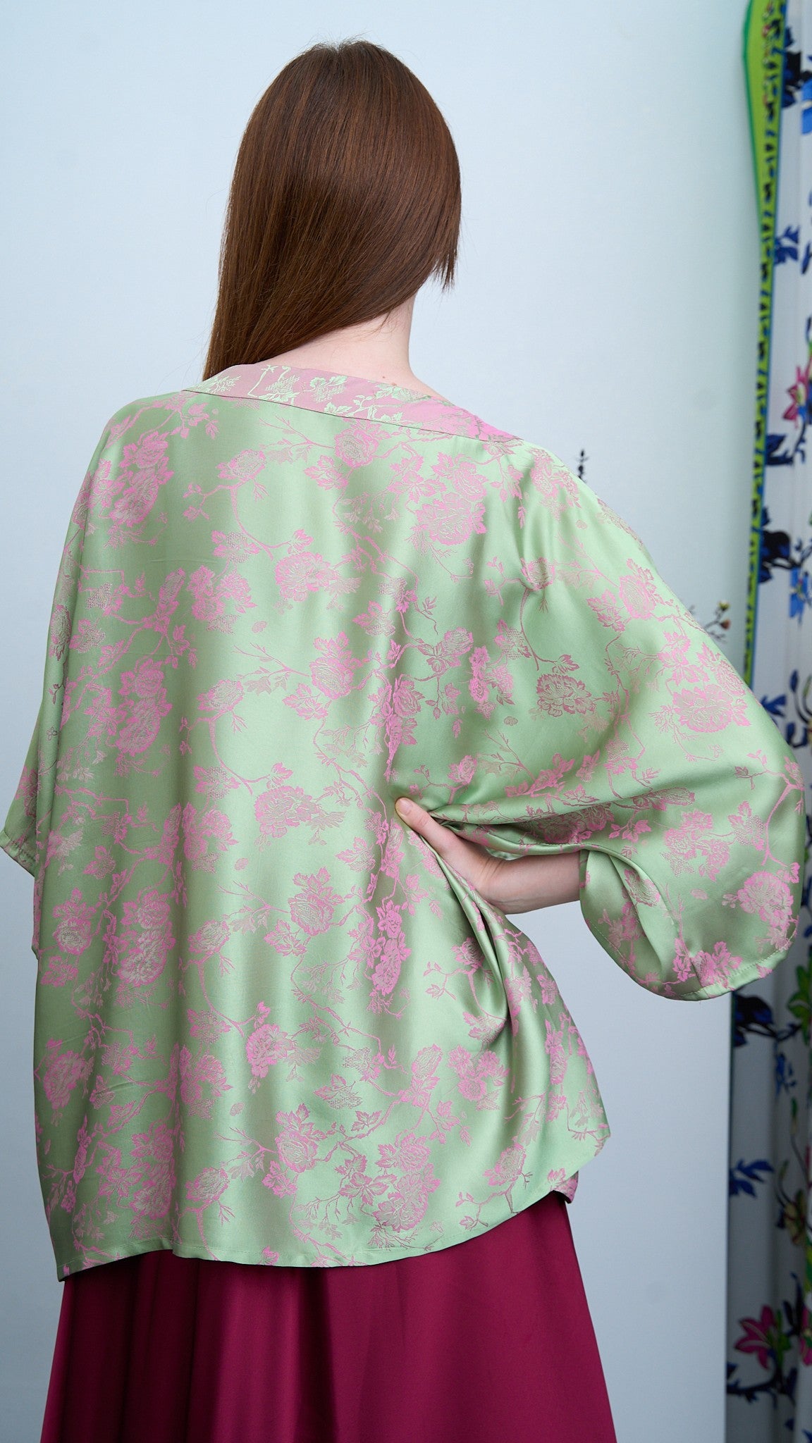 Via Roma - Kimono ampio fantasia - Verde - Rosa