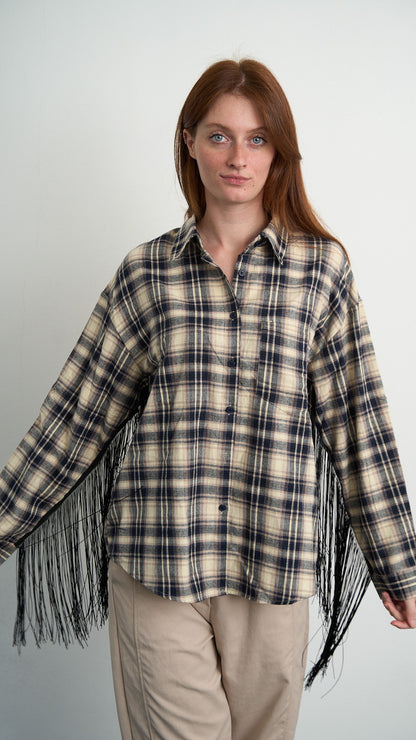 Via Roma - Camicia a quadri con frange - Blu - Beige - ART.26AI60001637