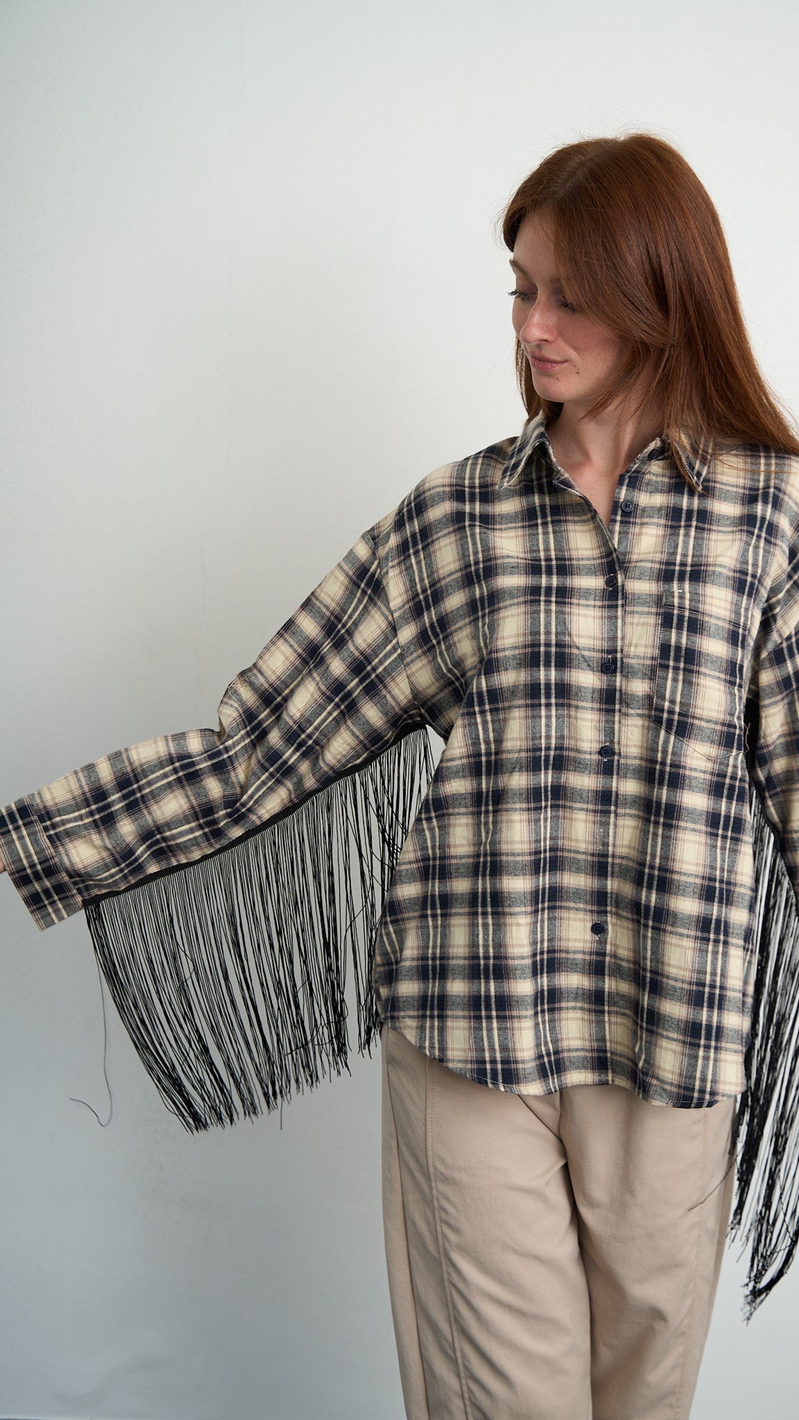 Via Roma - Camicia a quadri con frange - Blu - Beige - ART.26AI60001637