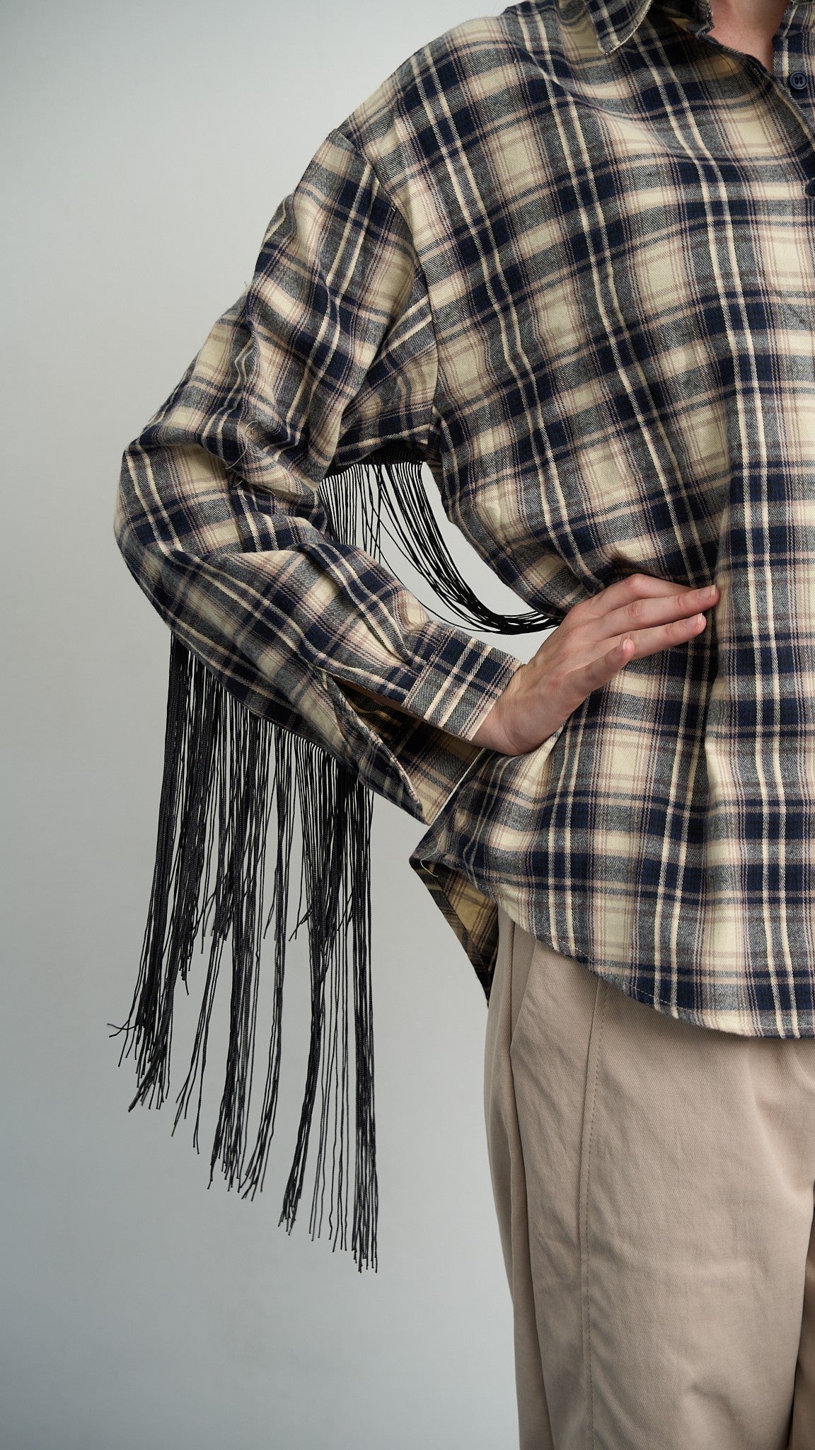 Via Roma - Camicia a quadri con frange - Blu - Beige - ART.26AI60001637