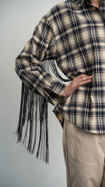 Via Roma - Camicia a quadri con frange - Blu - Beige - ART.26AI60001637