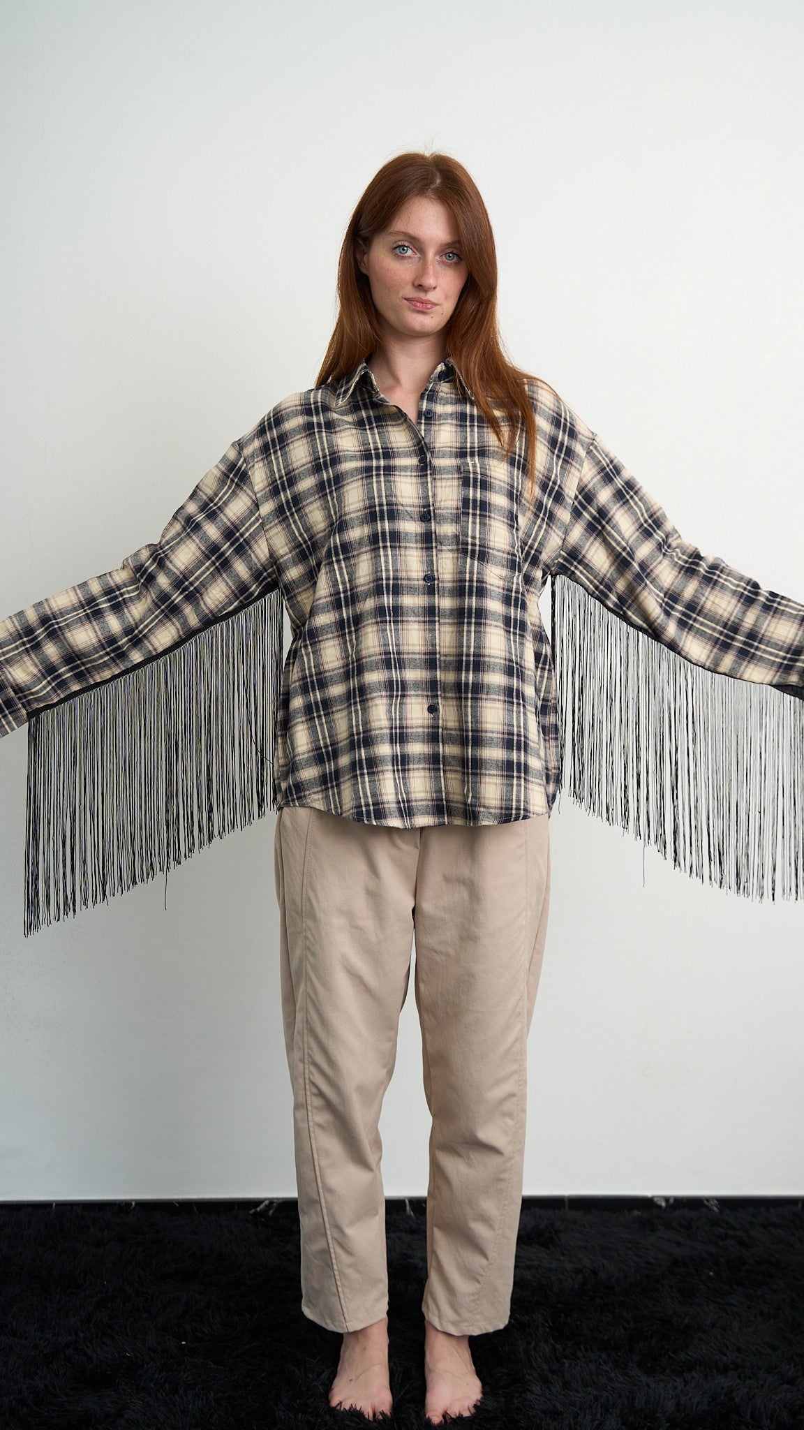 Via Roma - Camicia a quadri con frange - Blu - Beige - ART.26AI60001637