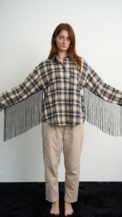 Via Roma - Camicia a quadri con frange - Blu - Beige - ART.26AI60001637