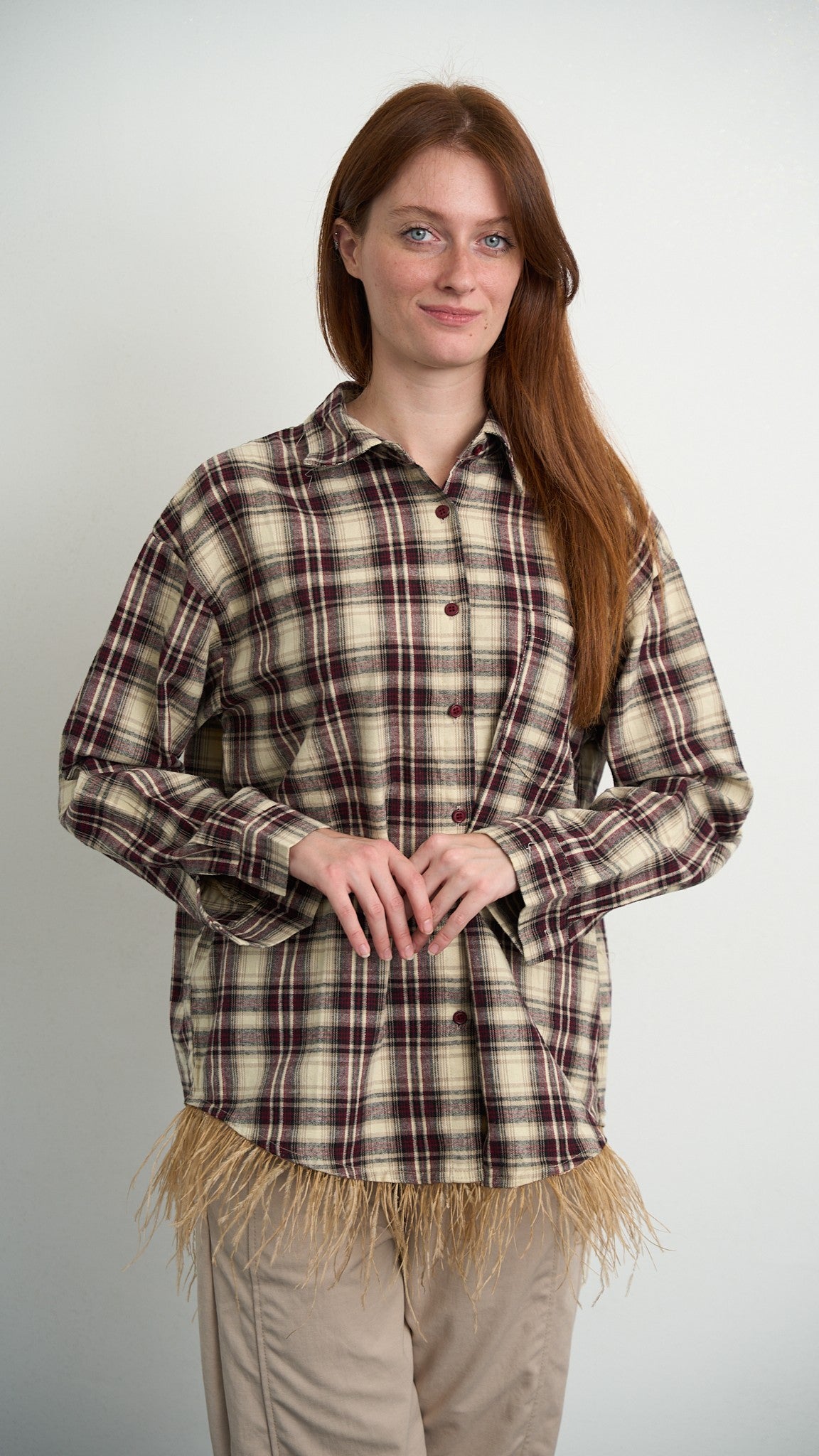 Via Roma - Camicia a quadri con piume - Beige - Bordeaux - Nero - ART.26AI60001637