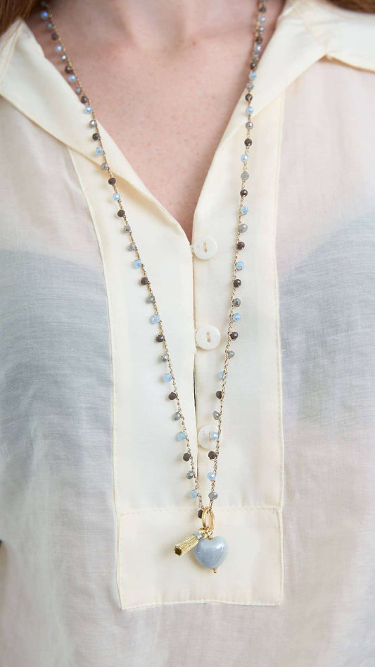 Via Roma - Collana "Cuore Ceramica" - Azzurro Polvere - Grigio Perla -  Oro Champagne