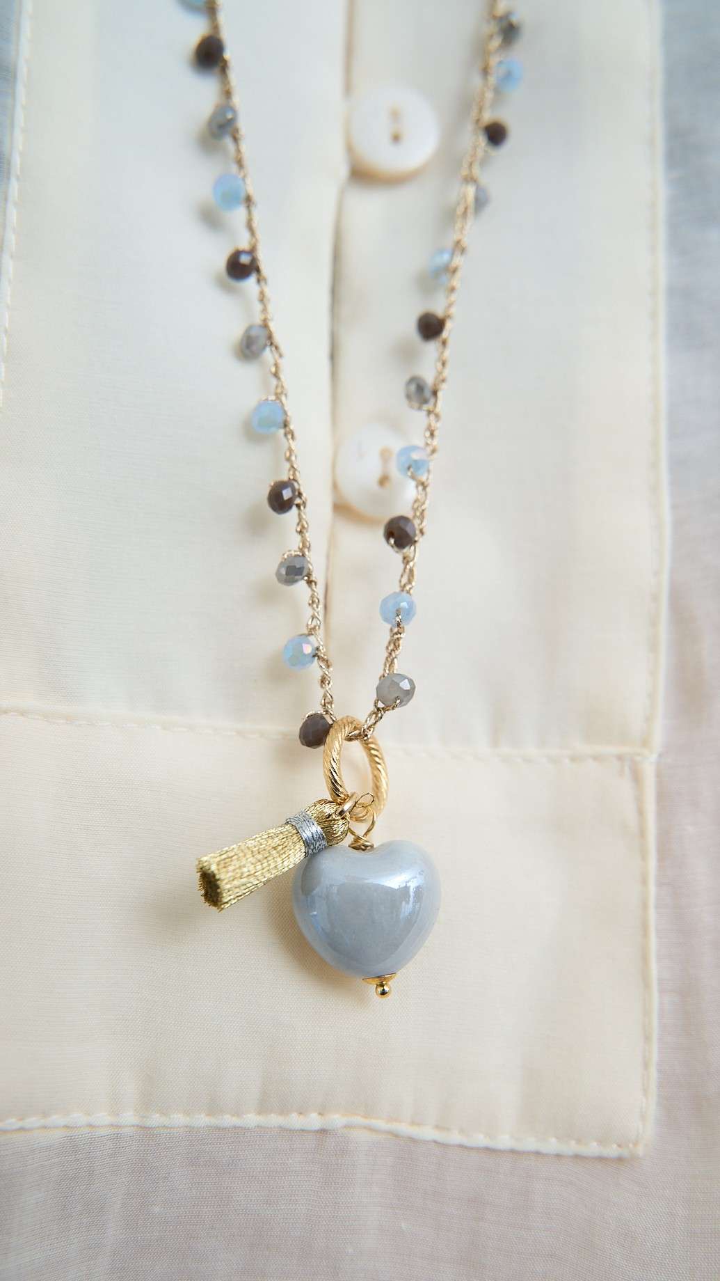 Via Roma - Collana "Cuore Ceramica" - Azzurro Polvere - Grigio Perla -  Oro Champagne