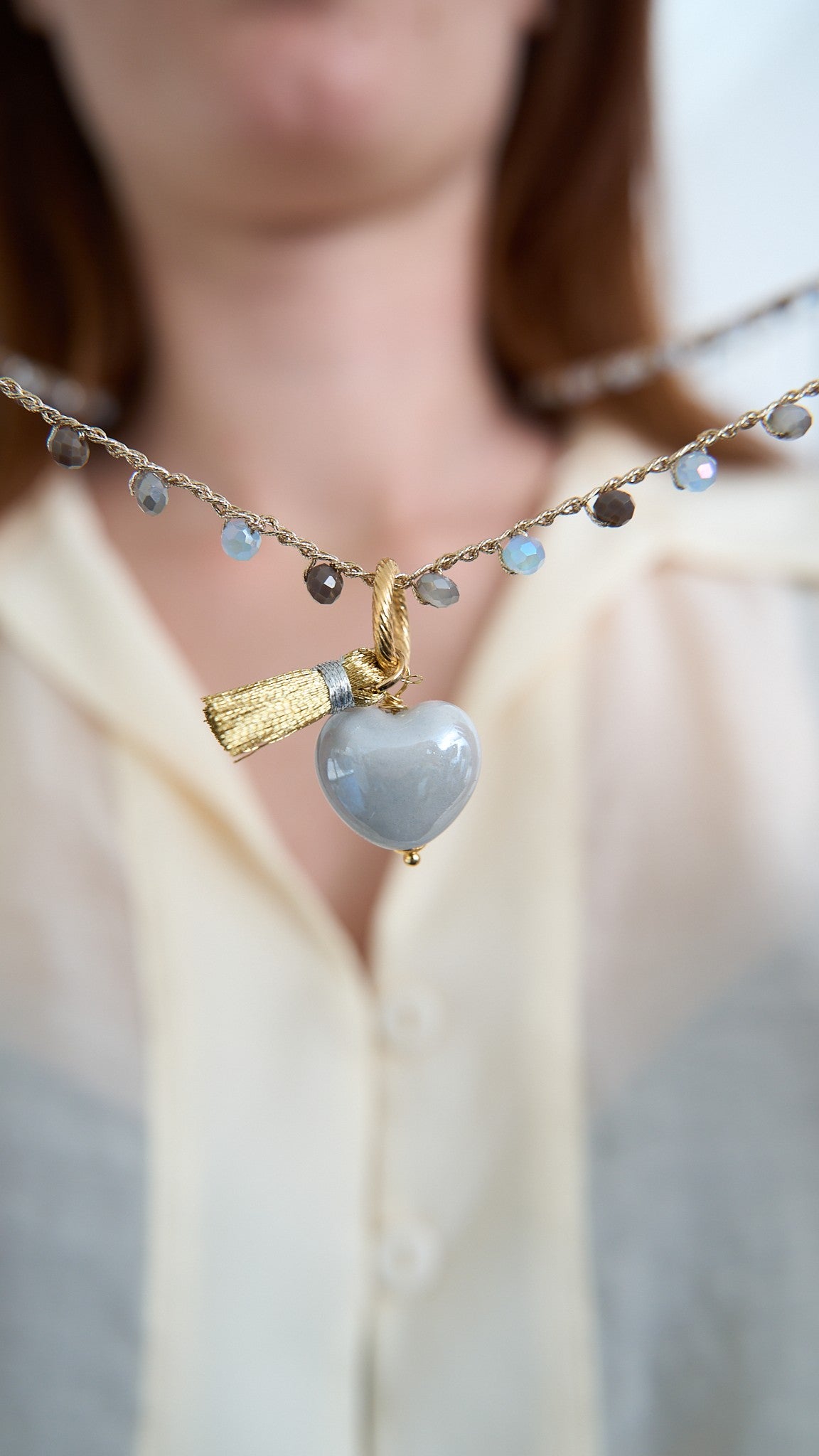Via Roma - Collana "Cuore Ceramica" - Azzurro Polvere - Grigio Perla -  Oro Champagne