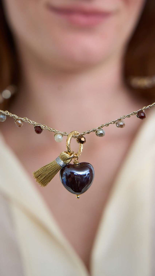 Via Roma - Collana "Cuore Ceramica" - Testa di moro - Bronzo - Cognac - Grigio Perla - Oro Champagne