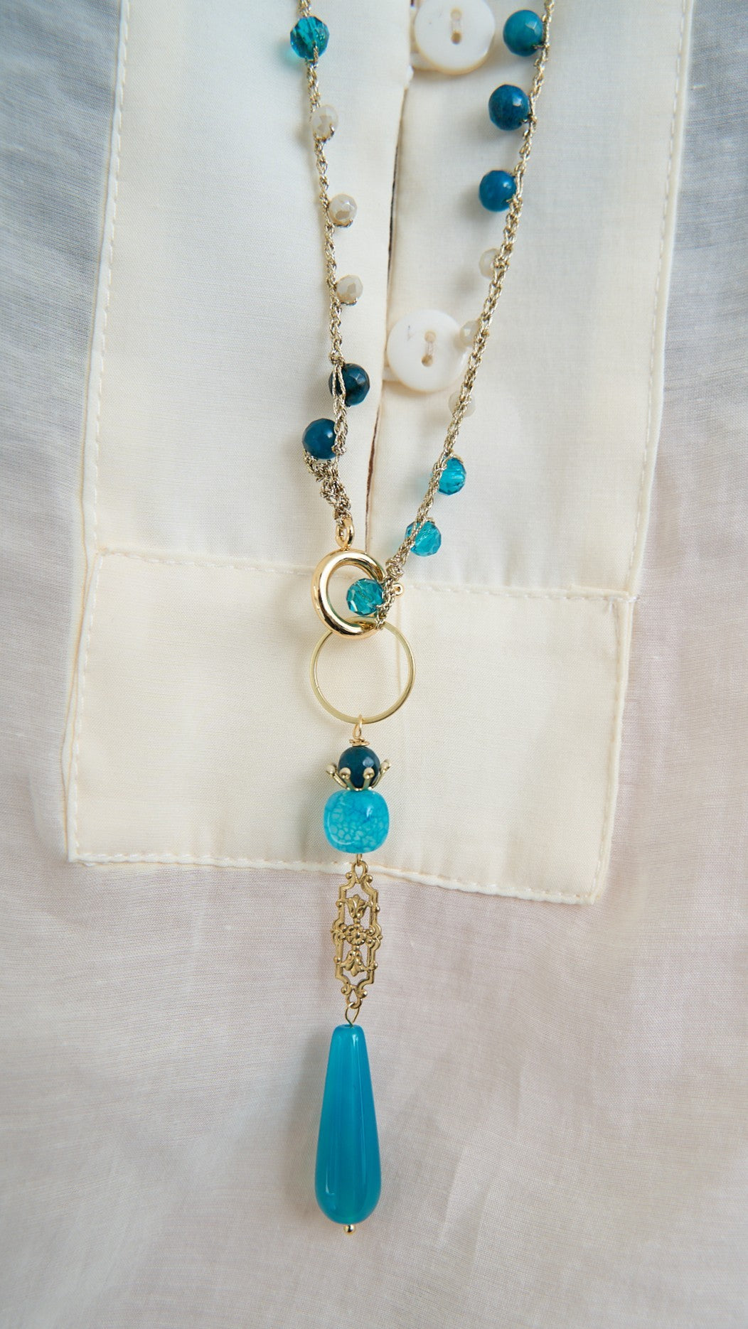 Via Roma - Collana "Clessidra" - Turchese - Blu Petrolio - Bianco Perla - Oro