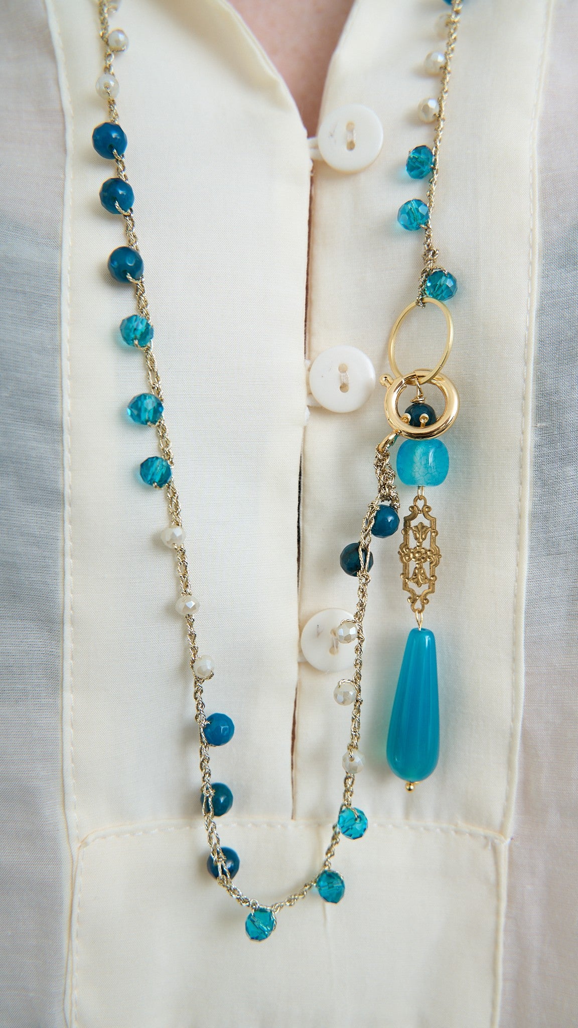 Via Roma - Collana "Clessidra" - Turchese - Blu Petrolio - Bianco Perla - Oro
