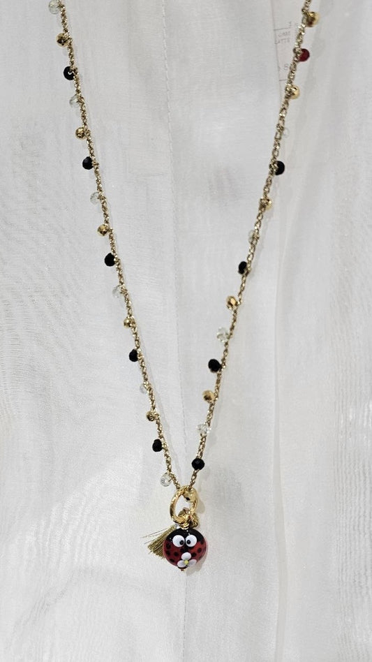 Via Roma - Collana "Coccinella"  Nero - Bianco - Dorato - Trasparente - Rosso