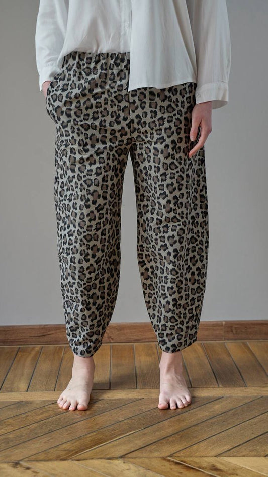 Via Roma - Pantaloni sartoriali ovetto fantasia leopardata con elastico