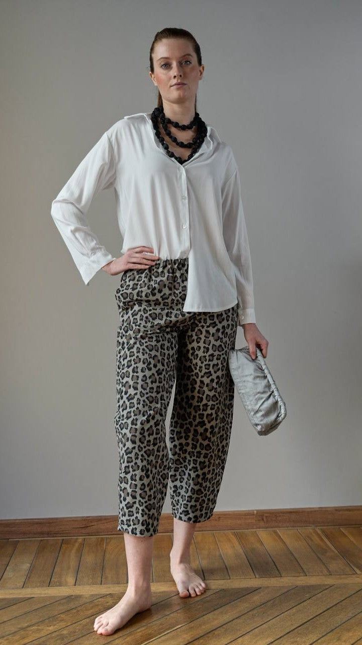 Via Roma - Pantaloni sartoriali ovetto fantasia leopardata con elastico