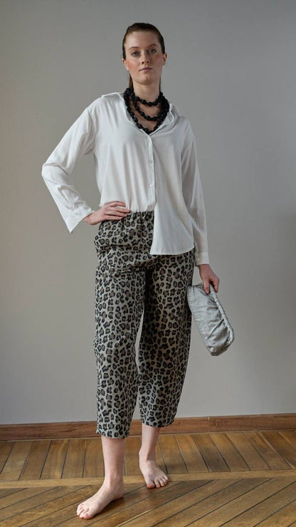 Via Roma - Pantaloni sartoriali ovetto fantasia leopardata con elastico