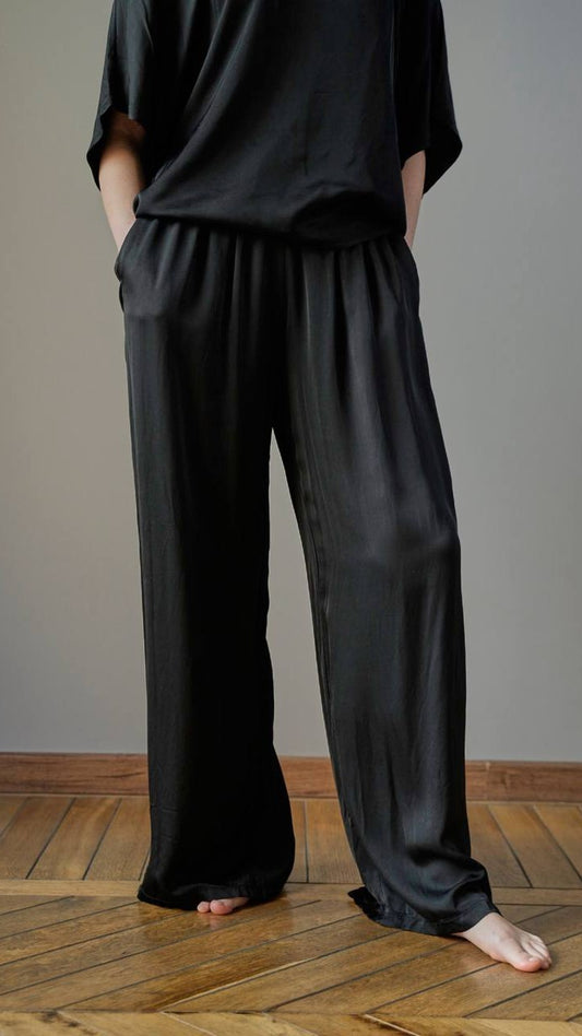 Via Roma - Pantaloni con elastico in tinta unita nero pezzo unico