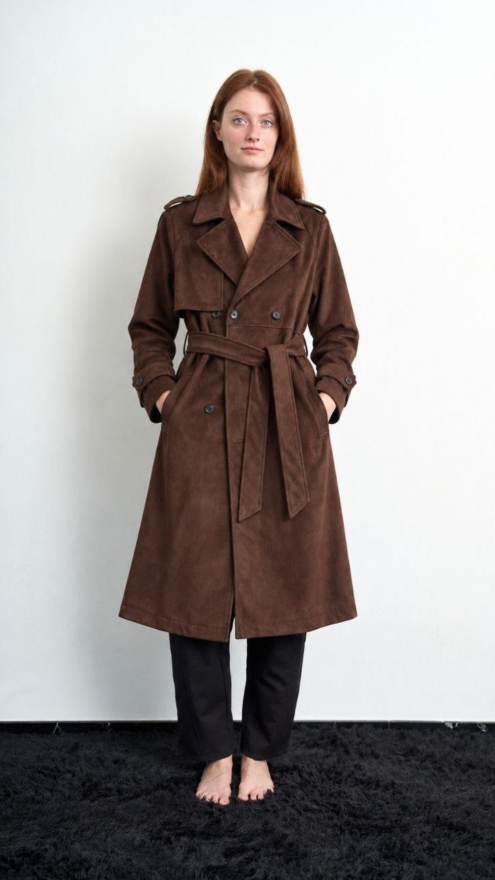 Via Roma - Trench lungo in camoscio vegetale - Cioccolato - ART.26AI40004980