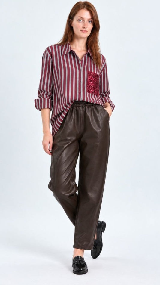 Tensione In - Camicia a righe con dettaglio gioiello - Bordeaux - Grigio - ART.W26C097CAMP
